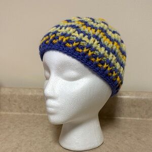 Handmade Crocheted Knit Beanie in Purple, light Green and Yellow.